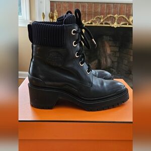 Sz 36 Hermes Black Lug Sole Combat Ankle Boots Lace Up Preloved